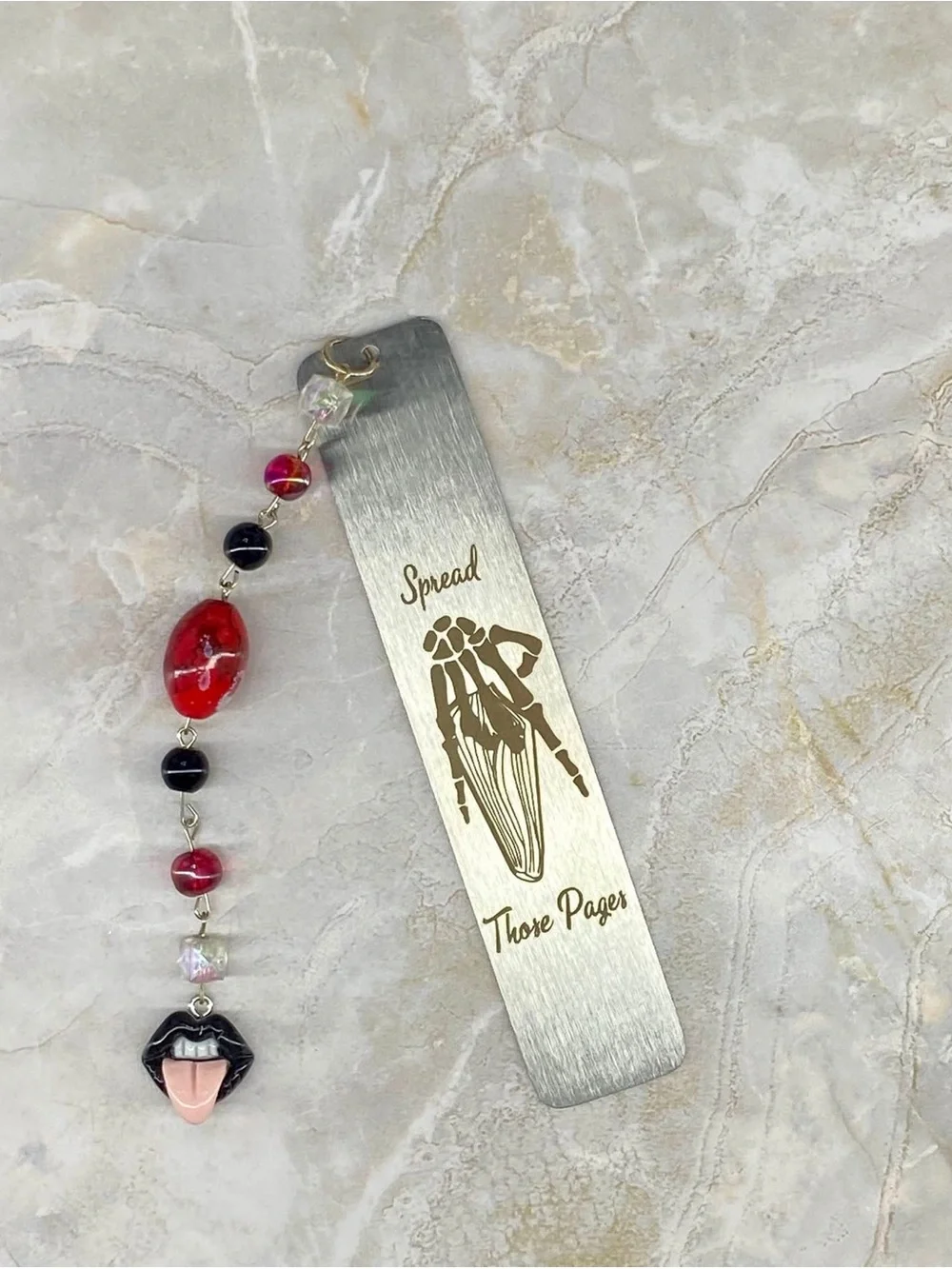 Hand Crafted Silver Metal Bookmark with Red and Black Beaded Tassel